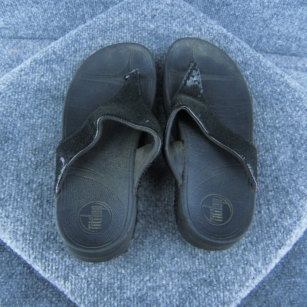 FitFlop Sequins Women Flip Flop Sandal Shoes‎ Black Synthetic Size 7 Medium